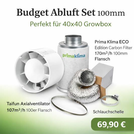 Abluft Komplett Set 100mm – Taifun & Prima Klima 40x40 Growbox Starter Set